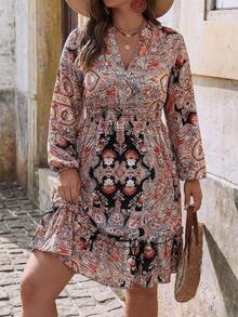 Women's Bohemian Style Mid-Length Printed Maxi Dress, Vintage Long Sleeve V-Neck Ruffle Hem Dress, Elastic Waist Design, Lightweight Flowy Casual Dress, Suitable For Spring And Autumn, Weekend Outings, Brunch Dates, Boho-Themed Events - Multicolor - View 4