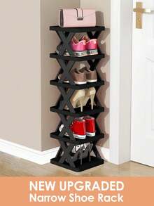 9/6 Tier Vertical Shoe Stand Space Saving Narrow Shoe Rack, Small Shoe Shelf, DIY Free Standing Shoes Storage Organizer For Entryway, Closet, Hallway, Easy Assembly And Stable In Structure, Black & White, Plastic Material, Consumables - 黑色 - 查看 4