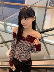 American Contrast Stripe Off-Shoulder Long Sleeve T-Shirt, Slim Fit Elegant Women Top For Early Spring - Burgundy - View 8