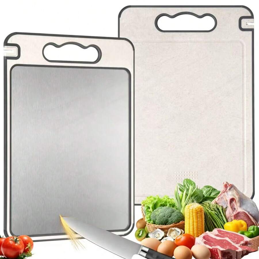 Tabla de cortar de acero inoxidable premium, tabla de cortar de cocina de doble cara con afilador de cuchillos y triturador de ajo incorporados, envuelta en silicona antideslizante, apta para lavavajillas, mejor opción de regalo - Beis - Ver 1