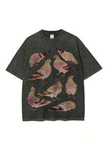 2026 Washed Cotton, Vintage Pigeon Party Print T-Shirt, High-Quality Wax-Printed Cotton Retro Fashion Brand T-Shirt, Unisex T-Shirt, Popular Daily Wear T-Shirt, Holiday Gift, Perfect Present, Valentine's Day Gift - 黑色 - 查看 1