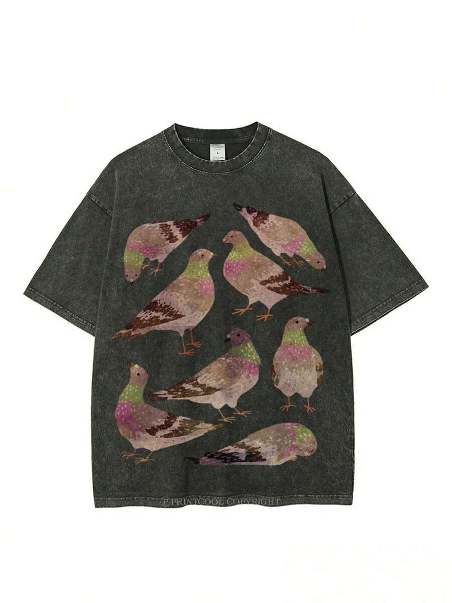 2026 Washed Cotton, Vintage Pigeon Party Print T-Shirt, High-Quality Wax-Printed Cotton Retro Fashion Brand T-Shirt, Unisex T-Shirt, Popular Daily Wear T-Shirt, Holiday Gift, Perfect Present, Valentine's Day Gift - 黑色 - 查看 1