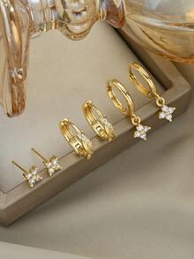 6pcs Elegant Copper Rhinestone Flower Pendant Hoop Earrings Set, Suitable For Women, Date, Wedding, Party, Mother, Wife, Friend, Birthday Gift - Multicolor - View 5