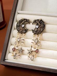 一对复古优雅的月亮女神设计耳环，饰有星星/珍珠流苏，迷人的小众高端耳环，适合女性日常佩戴或节日场合。 - 彩色 - 查看 7