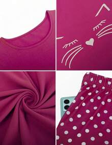 ¡RecomendadoConjunto de Pijama para Mujer, Conjunto Playera y Shorts, con Bolsillos, Pijamas Algodón Suave Ropa, Motivo Felino, Camisas de Dormir¡Top de Temporada - Verde - Ver 4