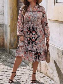 Women's Bohemian Style Mid-Length Printed Maxi Dress, Vintage Long Sleeve V-Neck Ruffle Hem Dress, Elastic Waist Design, Lightweight Flowy Casual Dress, Suitable For Spring And Autumn, Weekend Outings, Brunch Dates, Boho-Themed Events - Multicolor - View 3