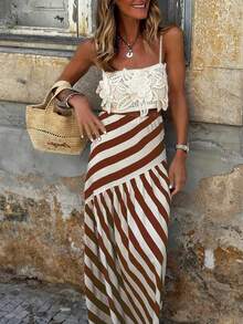 女士休闲条纹印花弹力腰半身裙，优雅半身裙，条纹半身裙，适合外出、海滩、日常穿着、约会、派对、聚会等场合，棕色半身裙，夏季半身裙 - 棕色 - 查看 3