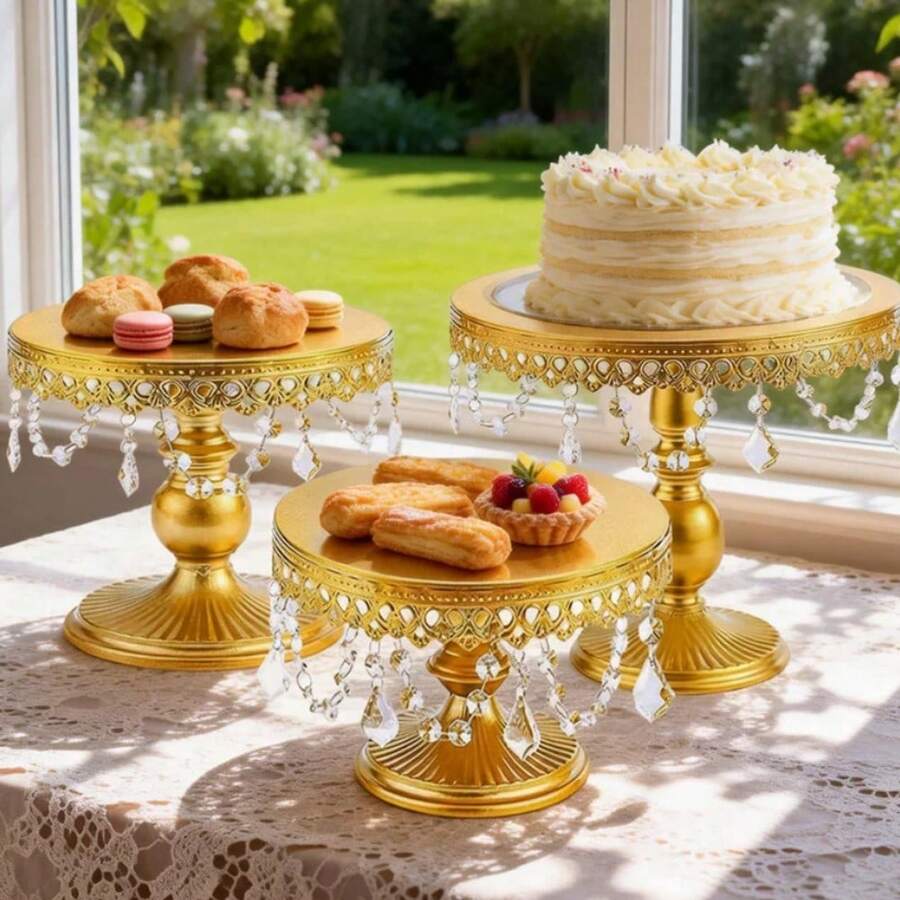 3Pcs Antique Cake Stand Set - Round Metal Cupcake Stands With Pendants And Beads - Elegant Dessert Display, For For Wedding, Birthday Party Decor - Vàng - Xem 1