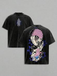 Akaza Vs Koyuki Oversized Washed T-Shirt -Demon Kimetsu No Yaiba Vintage Heavy Cotton Unisex Tee Anime Manga Streetwear Retro Graphic Top Otaku Merch Gift For Fans - 黑色 - 查看 1