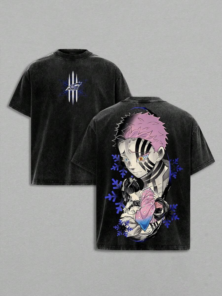 Akaza Vs Koyuki Oversized Washed T-Shirt -Demon Kimetsu No Yaiba Vintage Heavy Cotton Unisex Tee Anime Manga Streetwear Retro Graphic Top Otaku Merch Gift For Fans - 黑色 - 查看 1