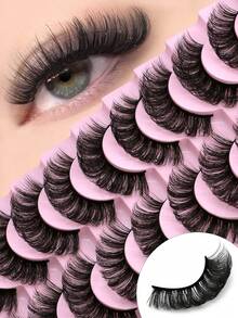 GROINNEYA 10对装蓬松俄罗斯3D水貂毛假睫毛，纤长浓密，打造猫眼妆效，奢华丰盈，整条式设计，自然柔软，打造最美妆容，旅行必备化妆工具 - 俄羅斯條狀假睫毛 - 查看 3