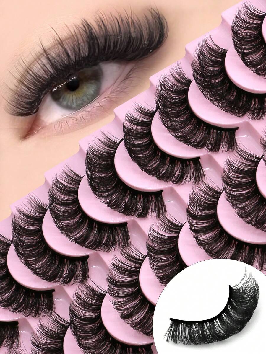 GROINNEYA 10对装蓬松俄罗斯3D水貂毛假睫毛，纤长浓密，打造猫眼妆效，奢华丰盈，整条式设计，自然柔软，打造最美妆容，旅行必备化妆工具 - 俄羅斯條狀假睫毛 - 查看 1