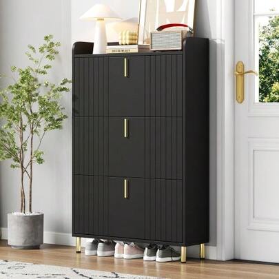 Shoe Cabinet With 3 Doors, Shoe Rack, Shoe Cabinet, Narrow, With 6 Compartments, Adjustable, Anti-Tip Device For Entryway, 80*23.5*123.5cm, Black