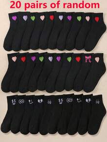 20双装心形刺绣儿童短袜 - 男女童休闲情人节袜子，黑色及其他颜色 - 黑色 - 查看 14