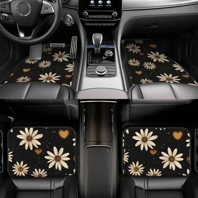 4pcs Daisy Pattern Premium Car Floor Mats, All Season Use, Easy To Clean - Fit For Cars, Trucks And SUVs - High Quality Polyester Mats - Perfect Gift For Christmas And Halloween