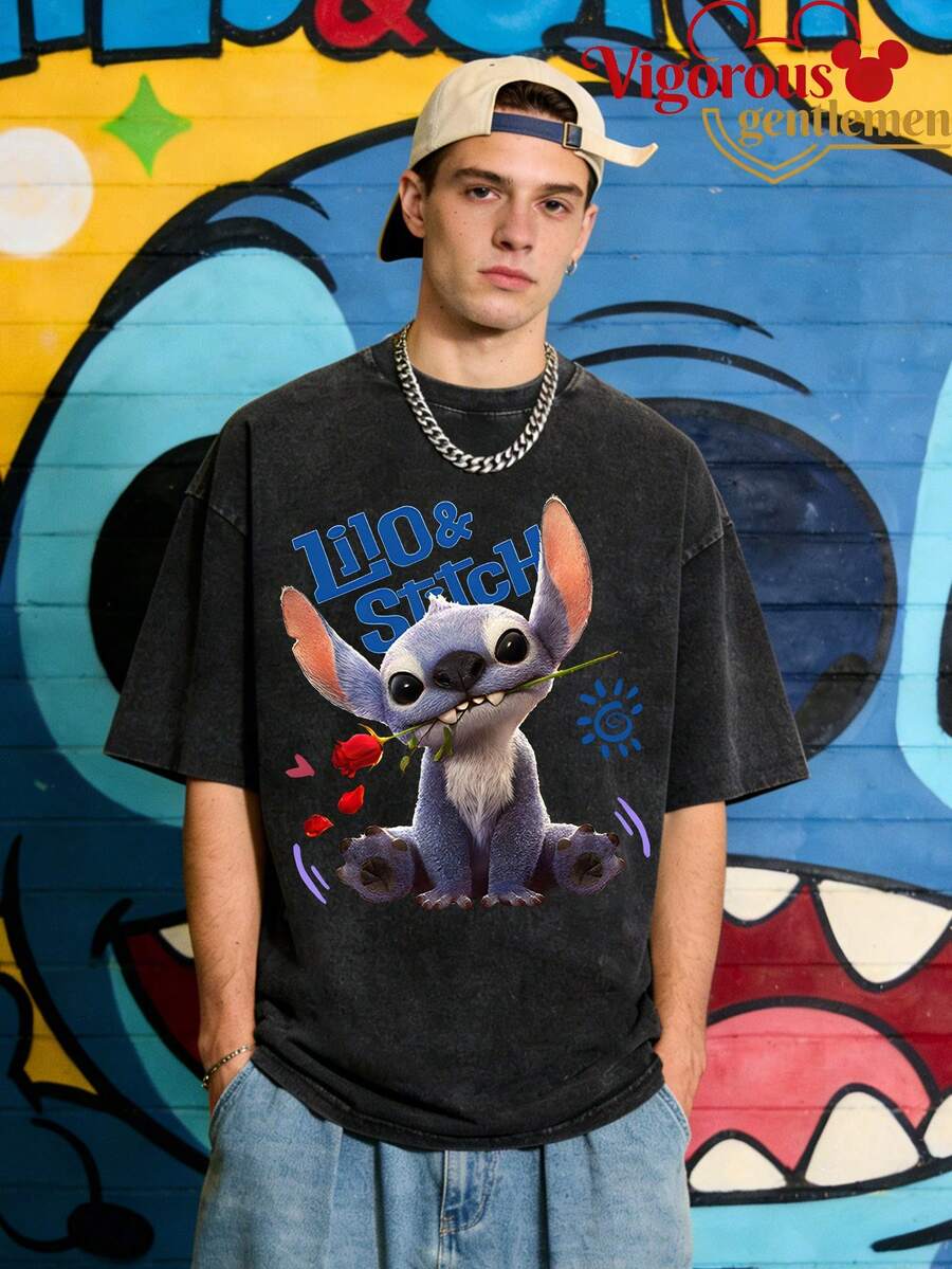 Disney Stitch With Rose Vintage Washed T-Shirt - màu đen - Xem 1