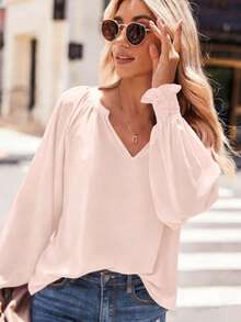 Áo thun dài tay xếp li cổ chữ V cổ chữ V dành cho nữ - Màu be - Xem 4