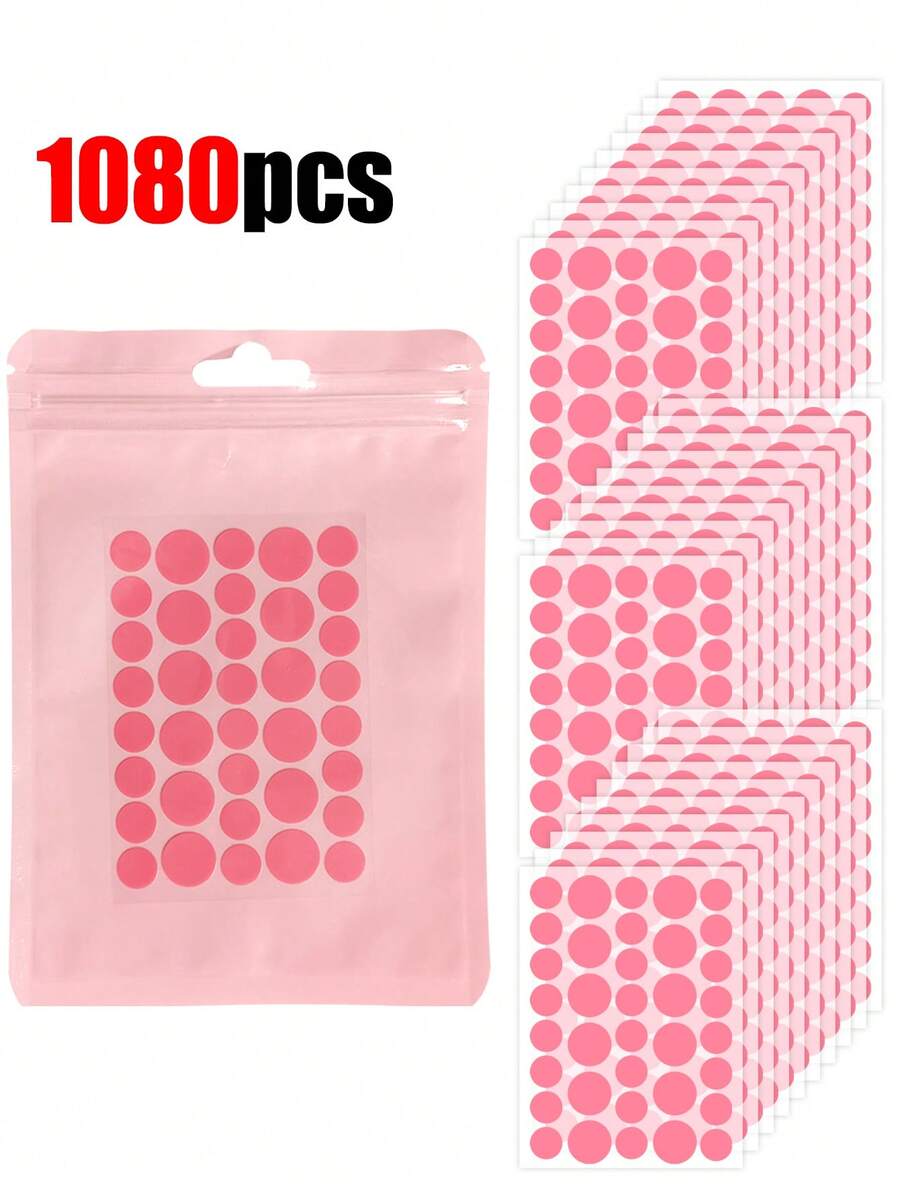 1080片粉色圆形脸部贴纸，不含酒精和香料，温和亲肤，易于粘贴，防水透气。是拍照和脸部彩绘的必备品，适用于各种派对、聚会和娱乐活动。另有720/180/72/36片装可选。赠品、旅行、平价好物、旅行必备