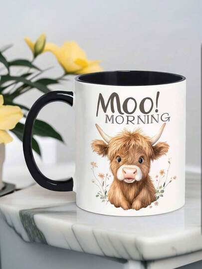 11oz Ceramic Mug - Highland Cow Pattern With "Good Morning" Text, Cute Farmhouse Theme Cup