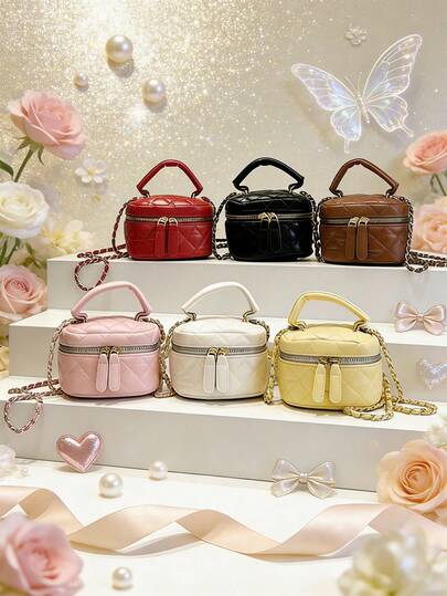 1个PU拉链时尚闪亮钻石图案迷你手提包，链条单肩斜挎零钱包口红桶包，适合日常使用，高性价比包包，适合青少年外出购物、通勤、日常使用，是馈赠佳品。