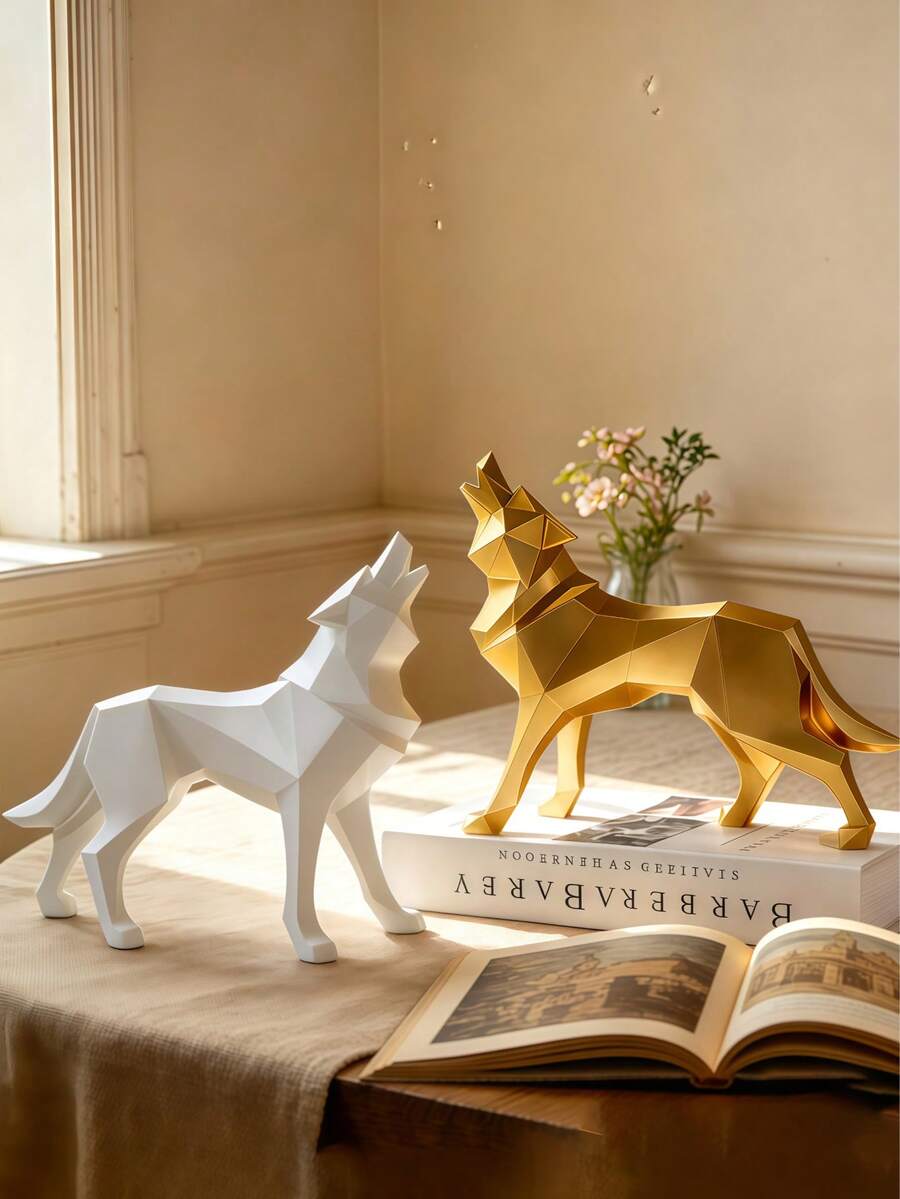 Geometric Wolf Sculpture - Modern Abstract Animal Sculpture, Minimalist Home Decor Suitable For Living Room, Office, Bookshelf, Nordic Style Decorative Ornament, White And Gold - Multicolor - View 1
