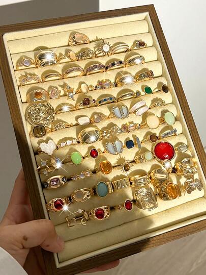 20/13/6pcs Vintage Elegant Delicate Bohemian Minimalist Metal Ring Set, Includes Colorful Cat Eye Stone, Tiger Eye Stone, Heart, Moon, Sun, Water Drop, Cross Designs, Suitable For Daily, Vacation, Party, Wedding, Holiday Gift