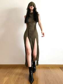 Top Dazzle 女士露背透视连帽无袖针织长款 A 字连衣裙，高开衩设计，适合派对穿着 - 軍綠色 - 查看 3