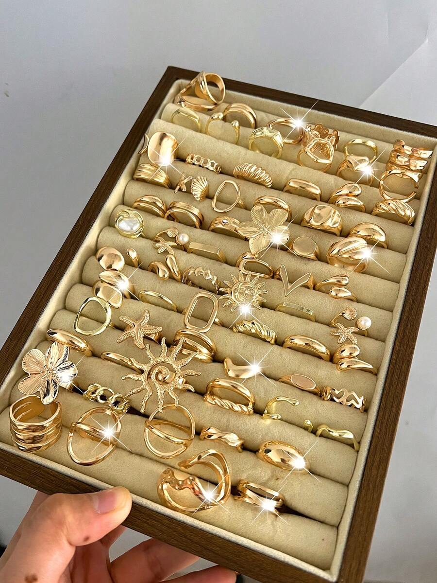 20/16/6件套复古休闲波西米亚极简风金色叠戴戒指套装,包含花朵、海星、太阳、心形、水滴、不对称几何镂空设计,适合日常、派对、海滩、度假、送礼。 - 金色7 - 查看 1