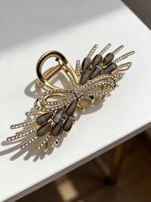 1 Pc High-End Black Gold Rhinestone Bow Hair Claw, Daily Commute Back Head Updo Clip, Volume Boost Tool, Luxury Elegant Versatile Hair Accessory - Black - View 3