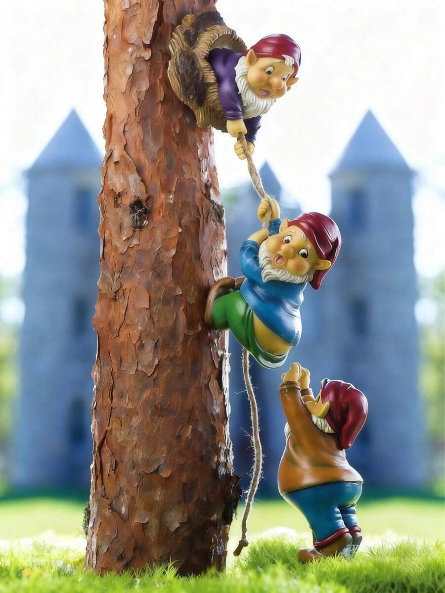 Decoração Suspensa de Árvore Anã de Resina para Uso Externo, Escultura Interessante de Duende Escalando, Adequada para Decoração de Jardim e Quintal, Figura de Conto de Fadas para Decoração de Tronco de Árvore, Um Presente Encantador para Amantes de Plantas e Natureza - A - Visão 1
