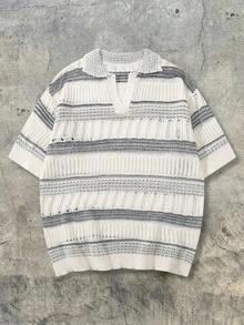 ANDREILEE Men's Casual Loose Solid Color Vintage Irregular Hollow Out Knitted Sweater, Relaxed Fit Versatile Commuting Polo Collar Pullover T-Shirt Knit Short Sleeve Top, Spring/Summer - White - View 2