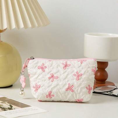 1pc Women's Makeup Bag, Cosmetic Bag, Waterproof Travel Toiletry Bag, Minimalist Japanese Style Travel Ins Cute Bow Lightweight Storage Wash Bag, Large Capacity Skincare Cosmetic Bag, Suitable For Wallet, Portable Zipper Makeup Bag, Small Cosmetic Pouch, Suitable For Travel Accessories