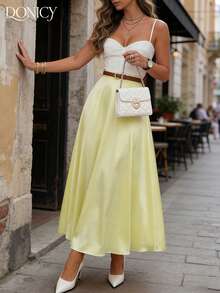 Women's Solid Gray High Waist Pleated A-Line Skirt, Business Formal Work Outfit, Suitable For Spring & Autumn - Yellow - View 9