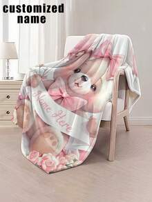 1pc Customizable Teddy Bear Themed Blanket, Watercolor Painting Style With Cute Pink Bear, Bow, Rose And Floral Elements, Made Of Knitted Flannel Fabric With Digital Printing, Comfortable And Warm For All Seasons, Suitable For Sofa, Bed, Travel, Camping, Office - Easy Care, Great For Resting, Camping And Travel - 彩色 - 查看 2