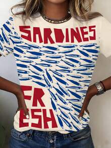 Women's Casual Loose Ocean Fish Element Print Round Neck Short Sleeve T-Shirt - Multicolor - View 5