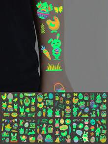 12Pcs (112 Patterns) Glow In The Dark Easter Cartoon Temporary Tattoo Stickers, Waterproof Fun Art Decals With Cute Bunny, Easter Egg, Carrot, Chicks Designs, Lasts 2-5 Days, Perfect Easter Gift - Multicolor - View 2