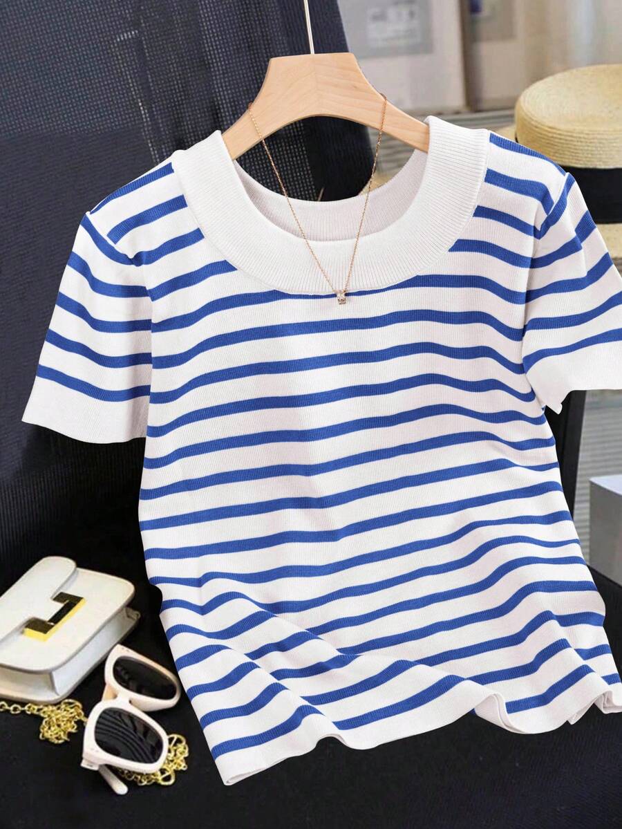 大码圆领条纹撞色休闲套头短袖针织衫 夏季 - 白藍色 - 查看 1