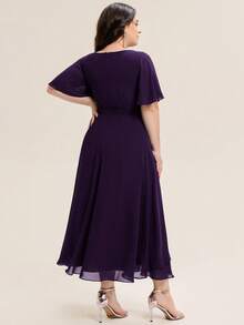 EVERPRETTY Gaun Bridesmaid Chiffon Ungu Elegan Ukuran Plus, Dekorasi Berlian, Hem Asimetris Berlipit Lembut, Cocok Untuk Pernikahan, Acara Malam Formal - Purple - View 3