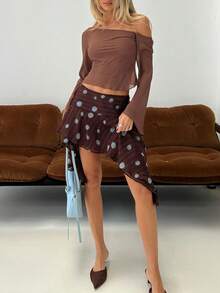Womens Polka Dot Midi Skirt Summer Elastic High Waisted Skirts Sheer Mesh Going Out Vintage Flowy Skirts - 棕色 - 查看 2