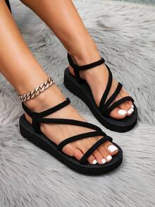 女士夏季户外休闲平底凉鞋，黑色天鹅绒家居拖鞋，沙滩鞋 - 黑色 - 查看 1