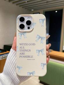 Ốp điện thoại Cơ Đốc giáo Matthew 19:26, khẩu hiệu "Với Chúa, mọi sự đều có thể" kèm nơ xanh, chất liệu giả da TPU màu be, giá chỉ 1 đô la, chống rơi, chống trầy xước, chống trượt, phong cách đức tin ngọt ngào, tương thích với iPhone & Galaxy - trắng - Xem 2