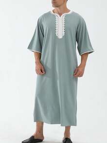 New Arrival Black Loose Casual Muslim Three-Quarter Sleeve Men's Robe, Middle Eastern Leisure Long Robe - Mint Green - View 4
