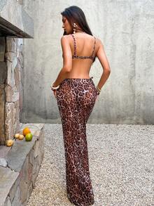 Sexy And Elegant Three-Piece Leopard Print Spaghetti Shoulder Strap One-Piece Swimsuit Set Dress, Paired With Romantic Leopard Print Mesh Skirt, Suitable For Spring And Summer Leisure Beach Vacation, Swimming Pool Party Fashion Swimwear - Multicolor - View 2