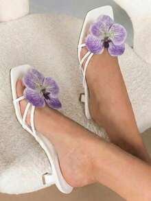 Women's Fashion Casual Square Toe Slip-On Sandals With 3D Floral PU Straps, Comfortable Lightweight Summer Beach Pool Party Sandals, White With Purple Flower Design High Heel Sandals - White and Purple Flowers - View 1