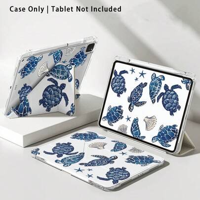 1个蓝色海龟亚克力水晶平板电脑保护套，带支架，适用于三星、荣耀、苹果等品牌，可折叠防弯折，硅胶加固边角，自动唤醒/睡眠功能，内置笔槽，多角度可折叠支架 - 完美日常保护，理想礼物