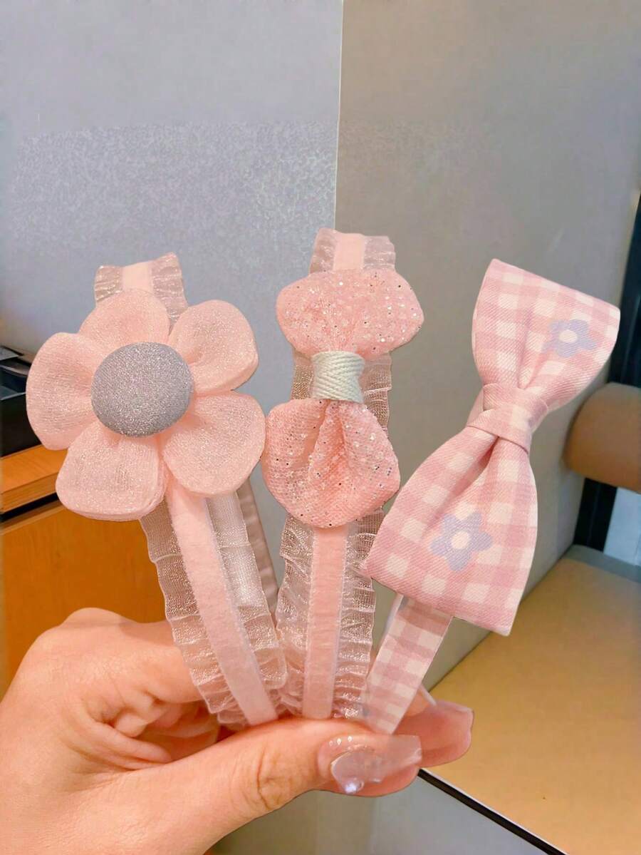 3件套女童返校格子蝴蝶结花朵发带，适合日常使用 - 淺粉色 - 查看 1