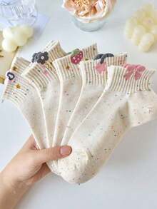 4双青少年网眼袜，3D立体花朵、草莓、蝴蝶结设计，低帮踝袜，高弹不勒脚，适合12-16岁女孩，颜色随机 - 彩色 - 查看 13