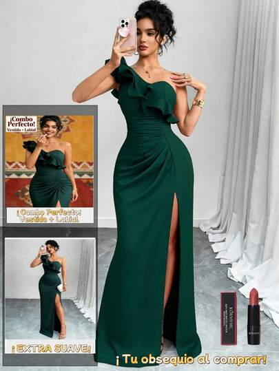 Vestido de cóctel para invitados de boda, sin mangas, con un hombro, sexy, ajustado, con abertura y volantes, vestido de noche formal largo