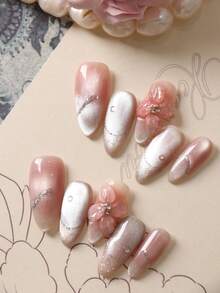 10pcs Press On Acrylic Nails Fake Nails Long Pink Cat's Eye 3D Drip Glue Flower Pure Handmade Production Nails Long Nails Press On Nails Set Includes 1sheet Adhesive Tabs &1 Pc Mini File Handmade Press On Nails - Multicolor - View 2