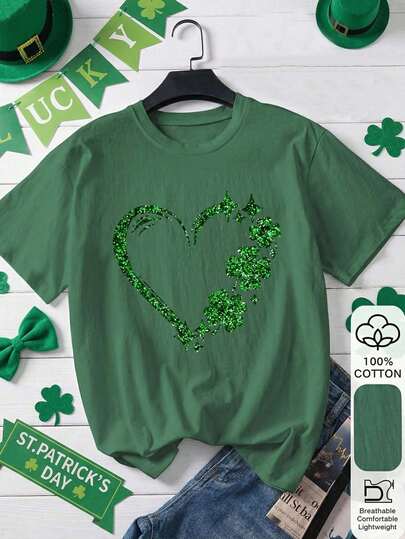 St. Patrick's Day Clover Heart Print 100% Cotton Short Sleeve T-Shirt For Women, Back To School Essential, Perfect For First Day Of School Outfit
